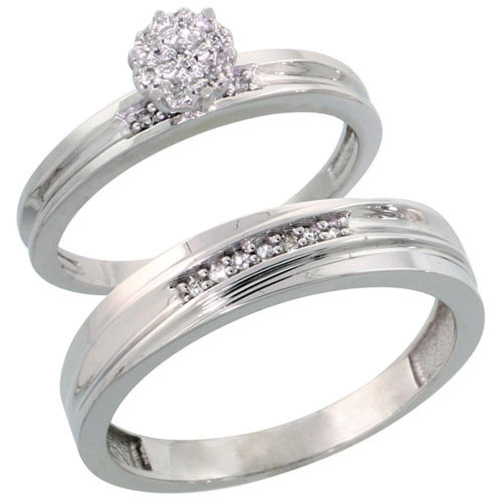Sterling Silver 2-Piece Diamond wedding Engagement Ring Set for Him and Her Rhodium finish, 3mm & 5mm wide