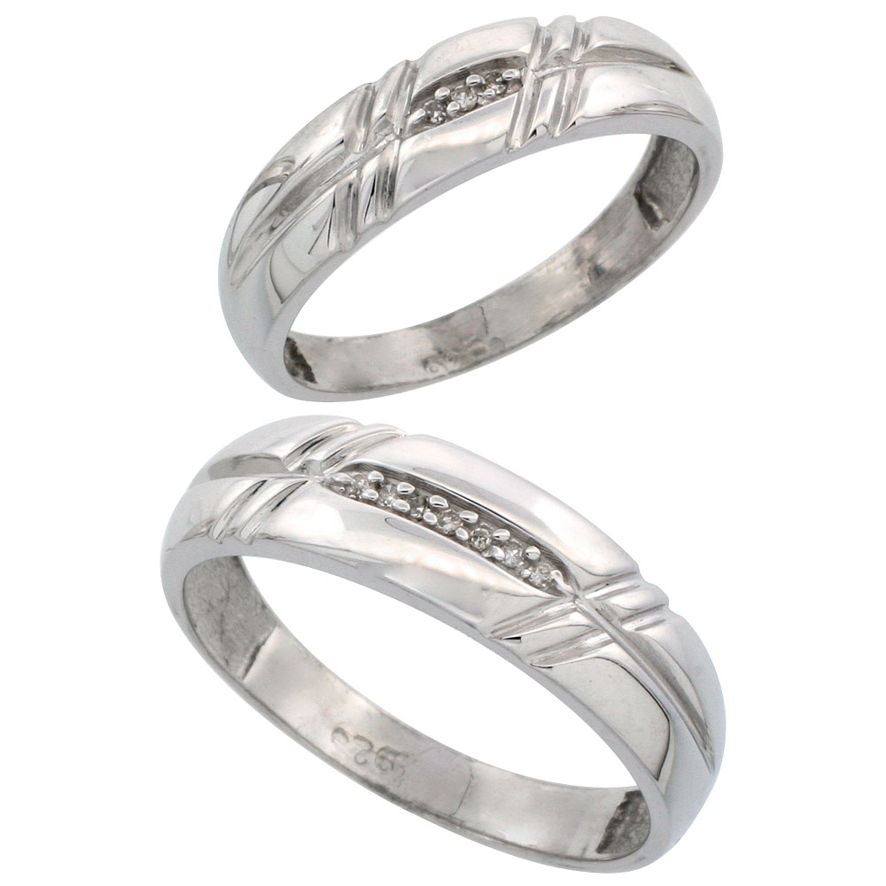 Sterling Silver Diamond 2 Piece Wedding Ring Set His 6mm & Hers 5.5mm Rhodium finish, Men's Size 8 to 14