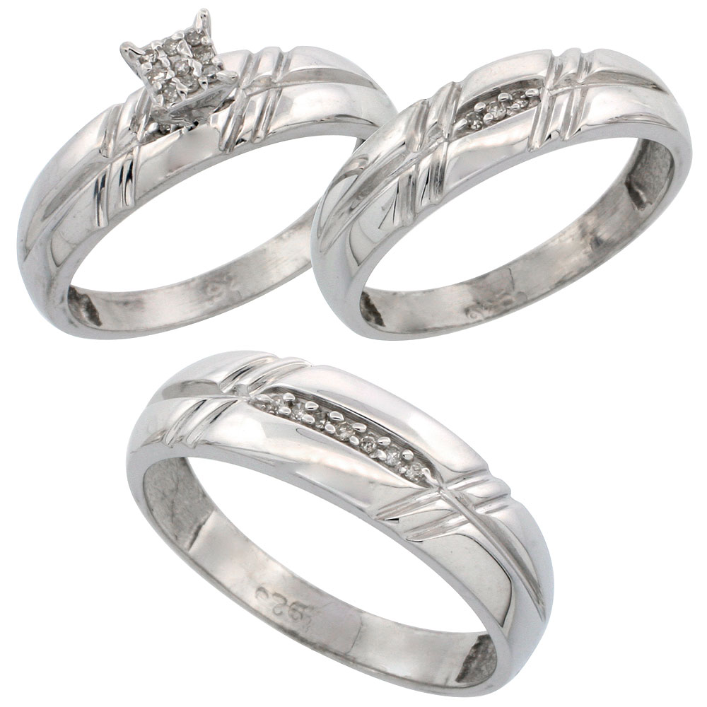 Sterling Silver Diamond Trio Wedding Ring Set His 6mm & Hers 5.5mm Rhodium finish, Men's Size 8 to 14