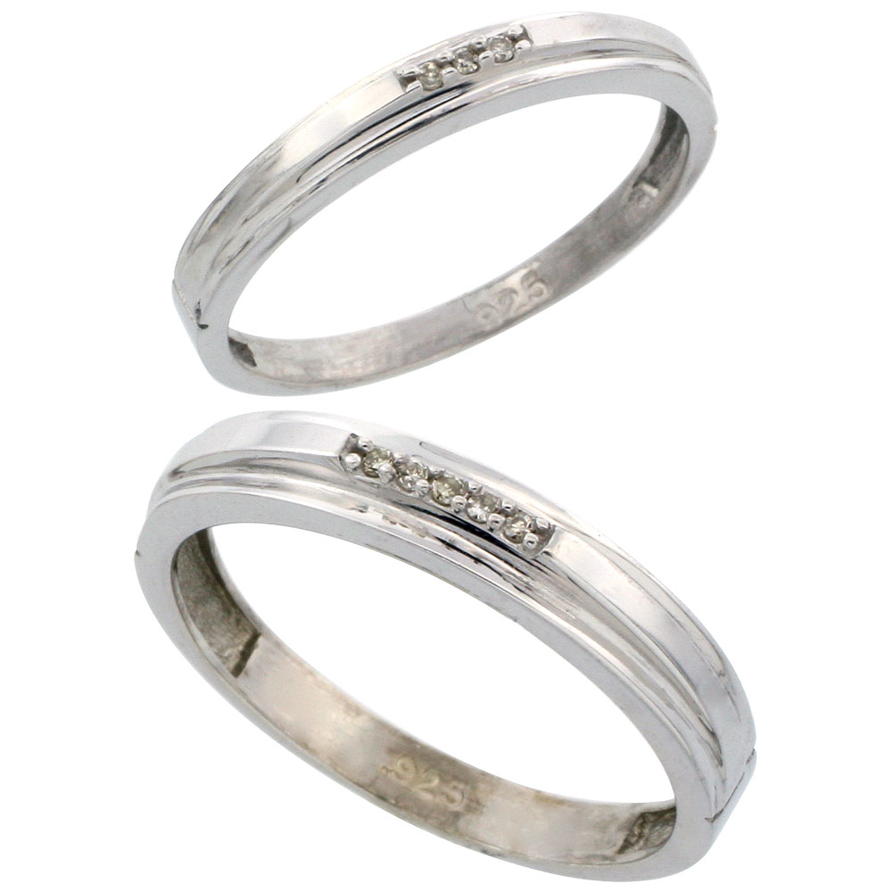 Sterling Silver Diamond 2 Piece Wedding Ring Set His 4mm & Hers 3mm Rhodium finish, Men's Size 8 to 14