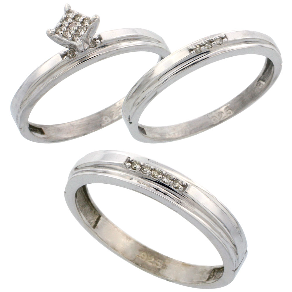 Sterling Silver Diamond Trio Wedding Ring Set His 4mm & Hers 3mm Rhodium finish, Men's Size 8 to 14