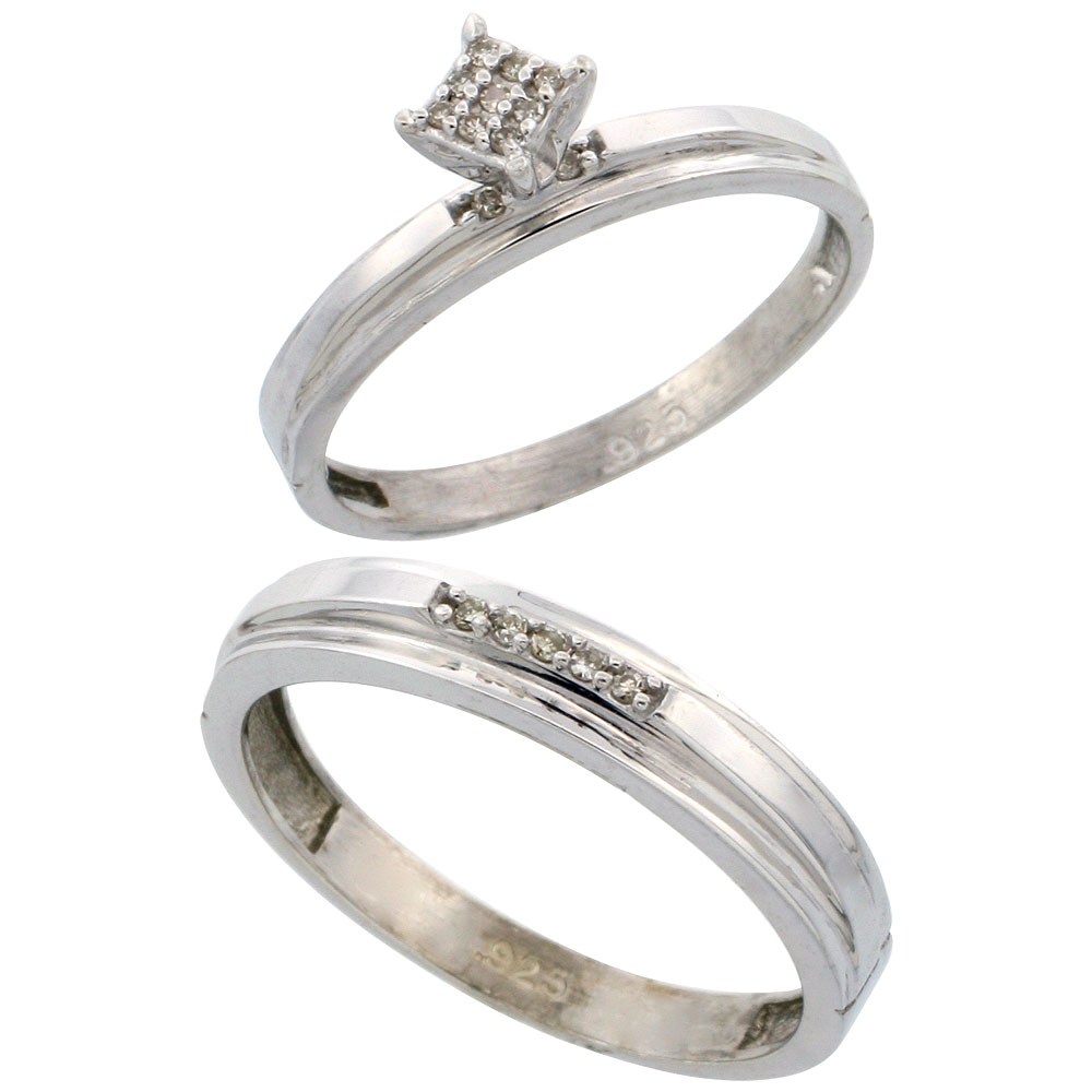 Sterling Silver 2-Piece Diamond wedding Engagement Ring Set for Him and Her Rhodium finish, 3mm & 4mm wide
