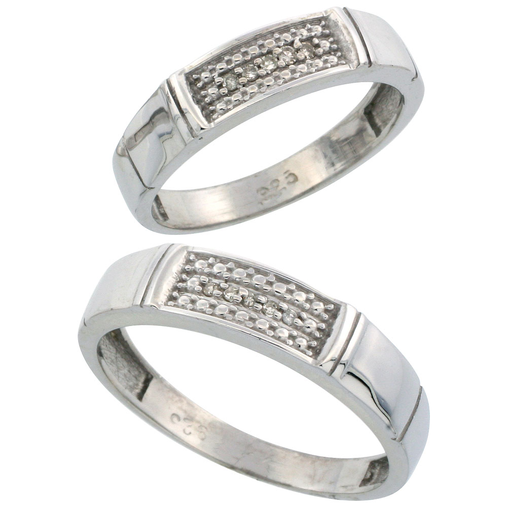 Sterling Silver Diamond 2 Piece Wedding Ring Set His 5mm & Hers 4.5mm Rhodium finish, Men's Size 8 to 14