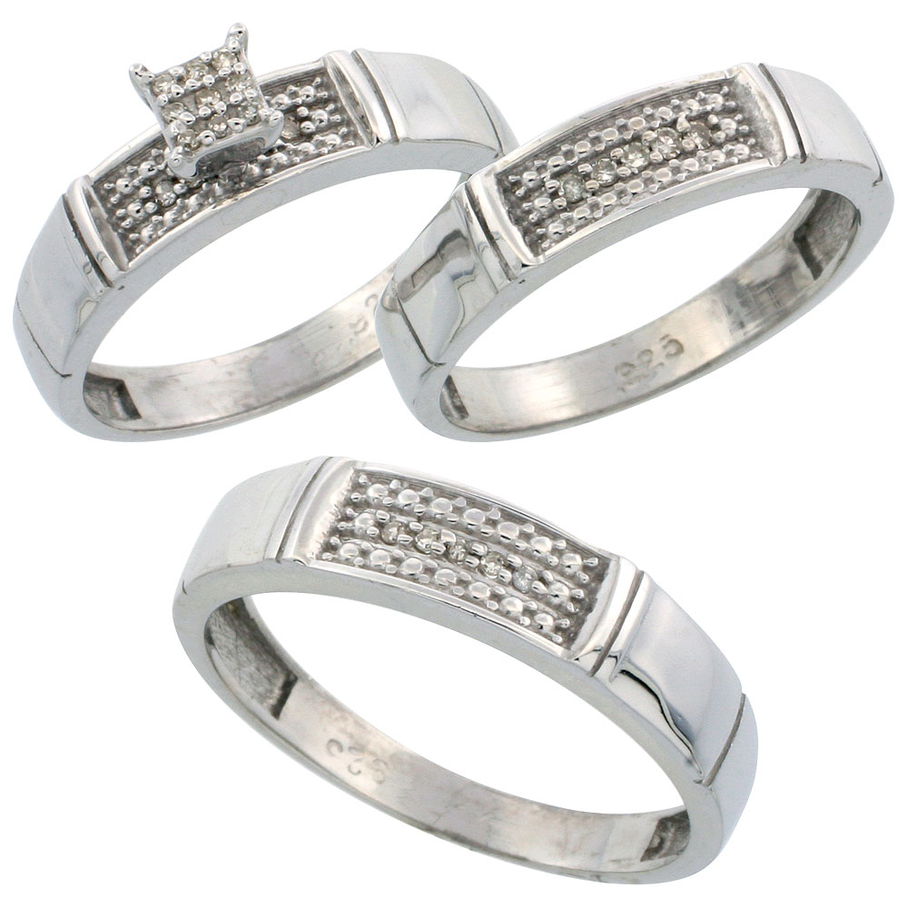 Sterling Silver Diamond Trio Wedding Ring Set His 5mm & Hers 4.5mm Rhodium finish, Men's Size 8 to 14