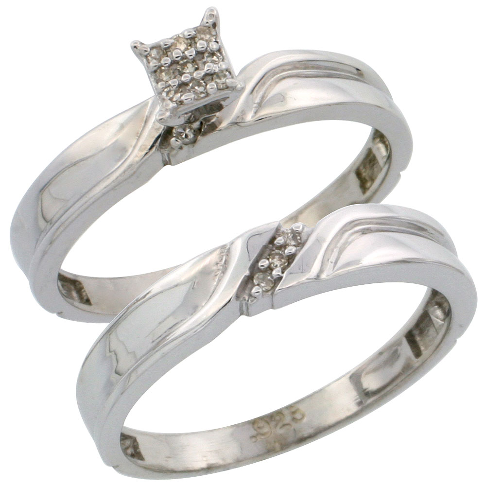 Sterling Silver Ladies? 2-Piece Diamond Engagement Wedding Ring Set Rhodium finish, 1/8 inch wide