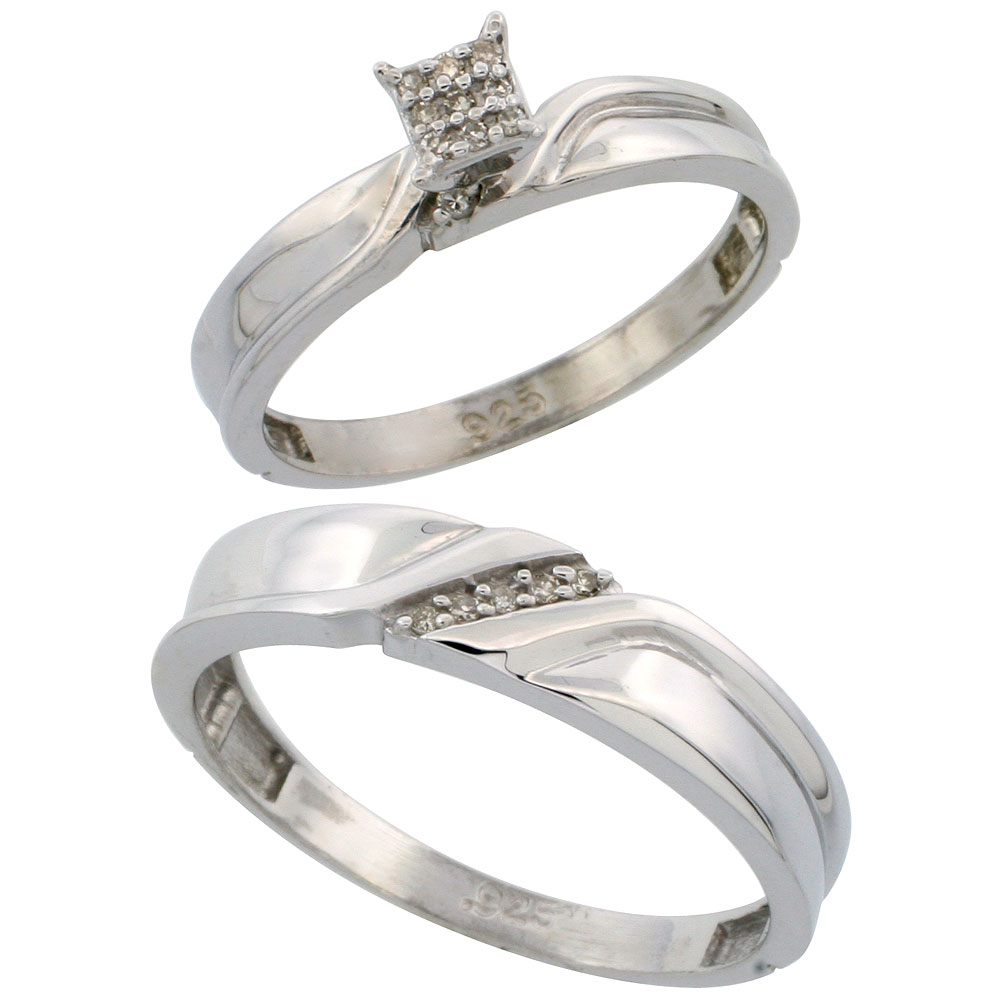 Sterling Silver 2-Piece Diamond wedding Engagement Ring Set for Him and Her Rhodium finish, 3.5mm & 5mm wide