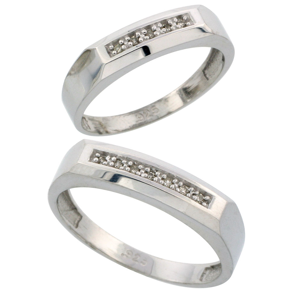 Sterling Silver Diamond 2 Piece Wedding Ring Set His 5mm & Hers 4.5mm Rhodium finish, Men's Size 8 to 14