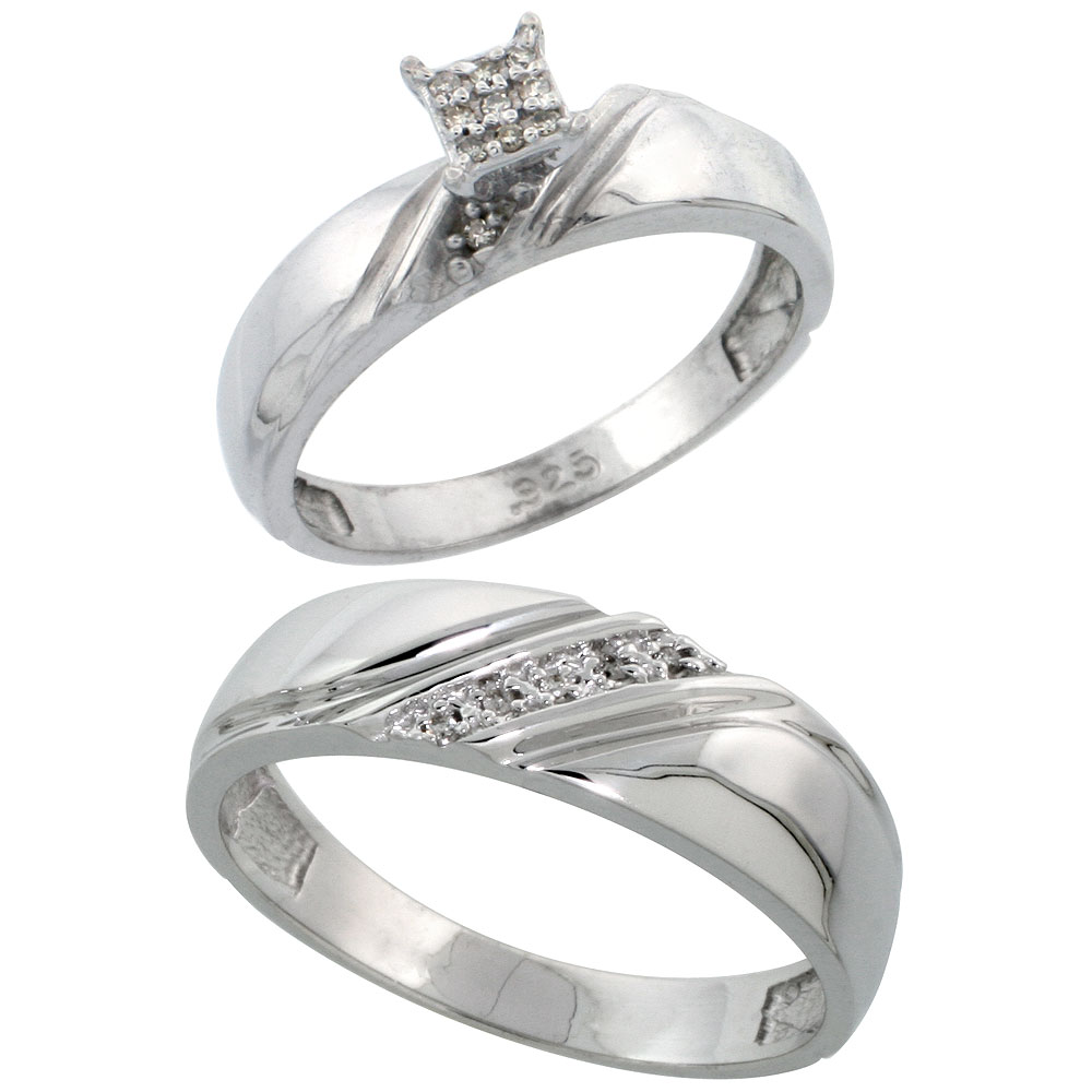 Sterling Silver 2-Piece Diamond wedding Engagement Ring Set for Him and Her Rhodium finish, 4.5mm & 6mm wide