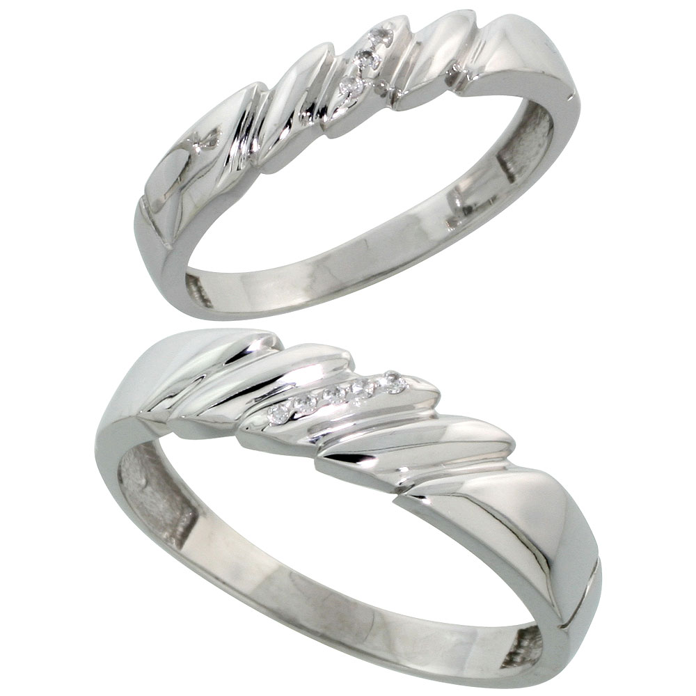 Sterling Silver Diamond 2 Piece Wedding Ring Set His 5mm & Hers 4mm Rhodium finish, Men's Size 8 to 14