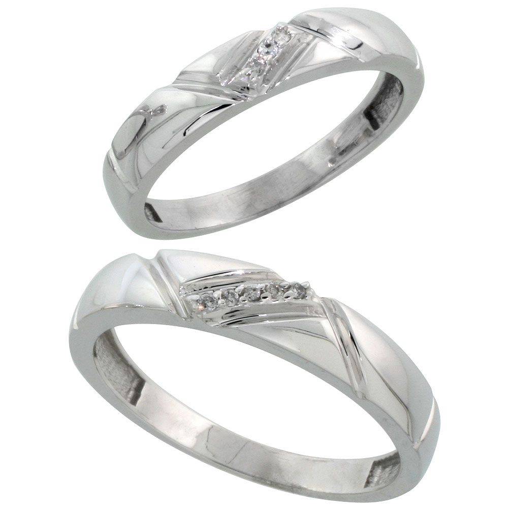 Sterling Silver Diamond 2 Piece Wedding Ring Set His 4.5mm & Hers 4mm Rhodium finish, Men's Size 8 to 14