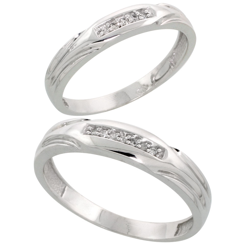 Sterling Silver Diamond 2 Piece Wedding Ring Set His 4.5mm & Hers 3.5mm Rhodium finish, Men's Size 8 to 14