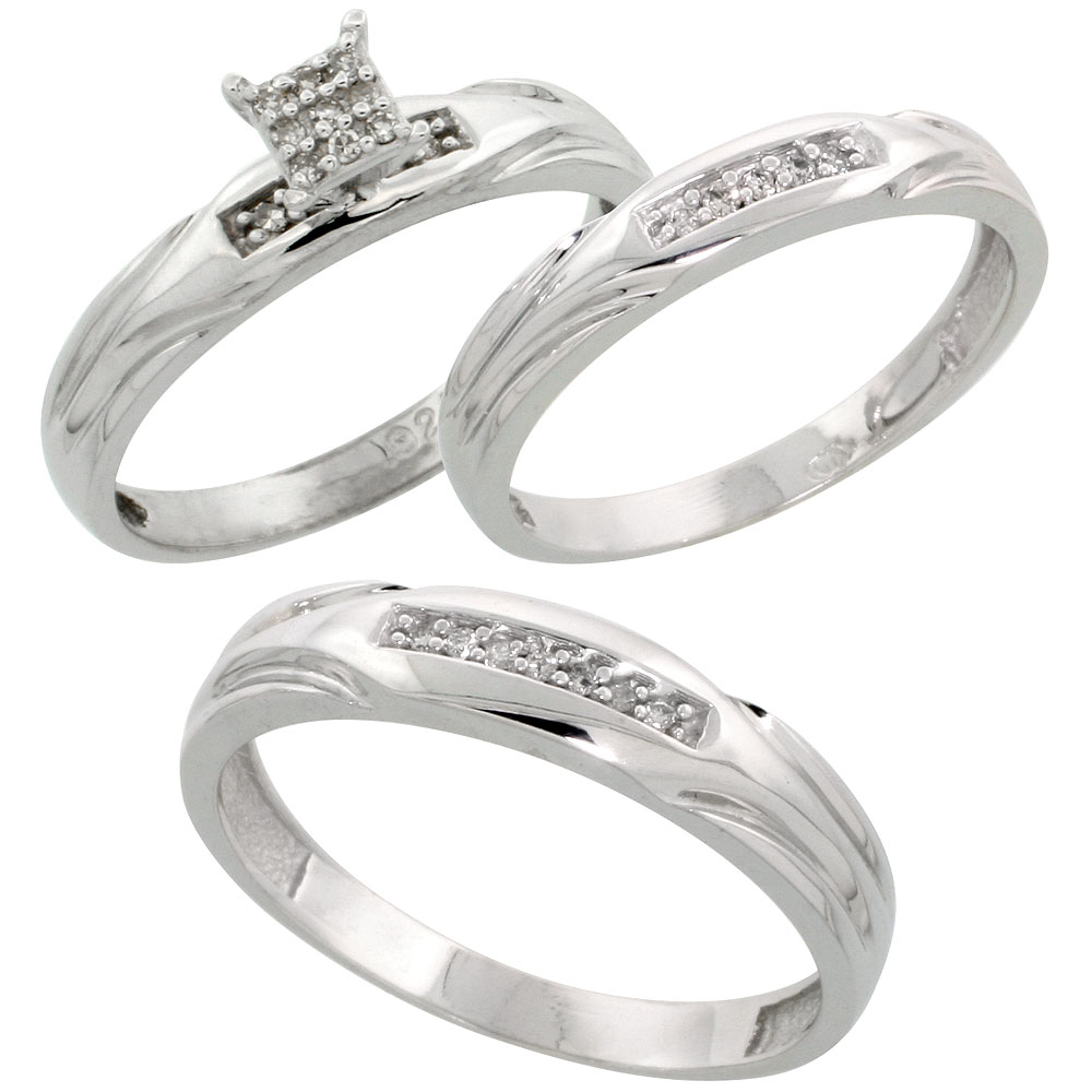 Sterling Silver Diamond Trio Wedding Ring Set His 4.5mm & Hers 3.5mm Rhodium finish, Men's Size 8 to 14