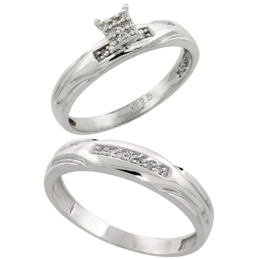 Sterling Silver 2-Piece Diamond wedding Engagement Ring Set for Him and Her Rhodium finish, 3.5mm & 4.5mm wide