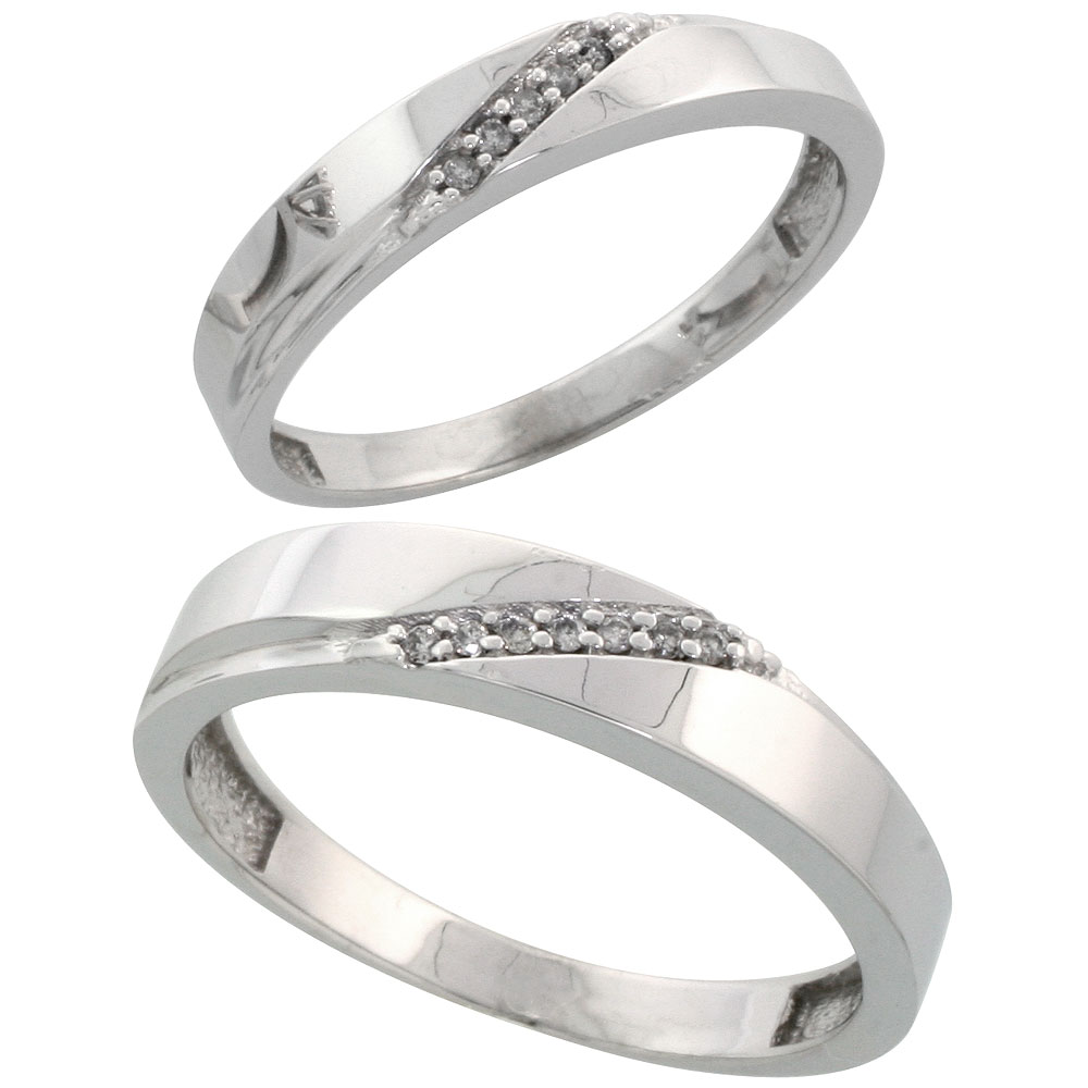 Sterling Silver Diamond 2 Piece Wedding Ring Set His 4.5mm & Hers 3.5mm Rhodium finish, Men's Size 8 to 14