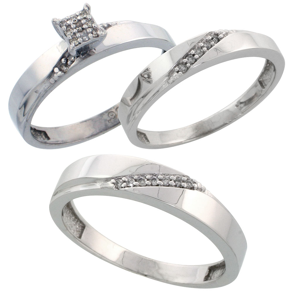 Sterling Silver Diamond Trio Wedding Ring Set His 4.5mm & Hers 3.5mm Rhodium finish, Men's Size 8 to 14