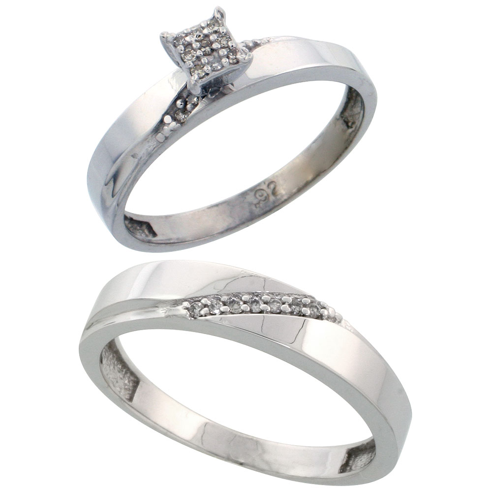 Sterling Silver 2-Piece Diamond wedding Engagement Ring Set for Him and Her Rhodium finish, 3.5mm & 4.5mm wide