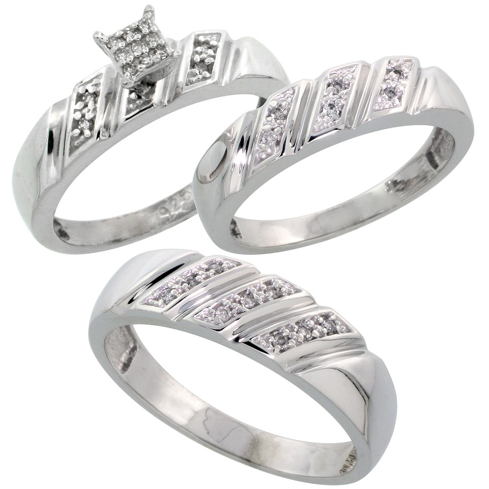 Sterling Silver Diamond Trio Wedding Ring Set His 6mm & Hers 5mm Rhodium finish, Men's Size 8 to 14
