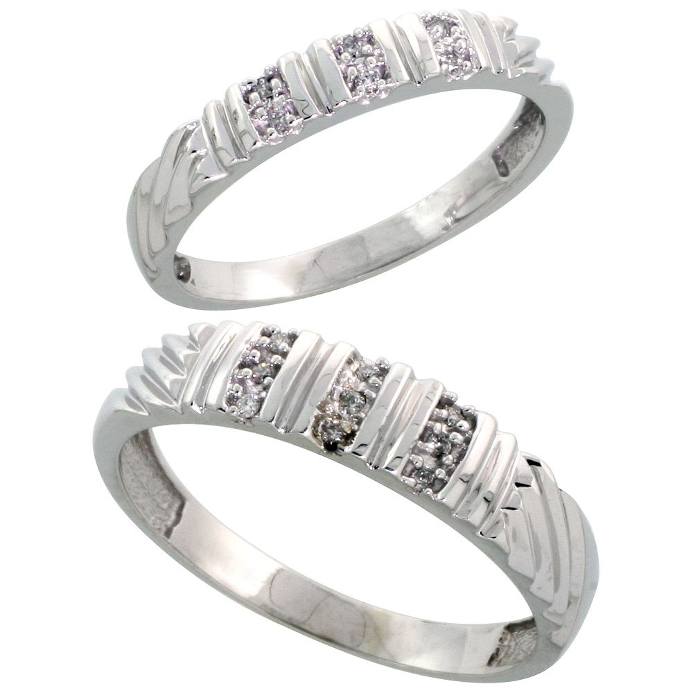 Sterling Silver Diamond 2 Piece Wedding Ring Set His 5mm & Hers 3.5mm Rhodium finish, Men's Size 8 to 14