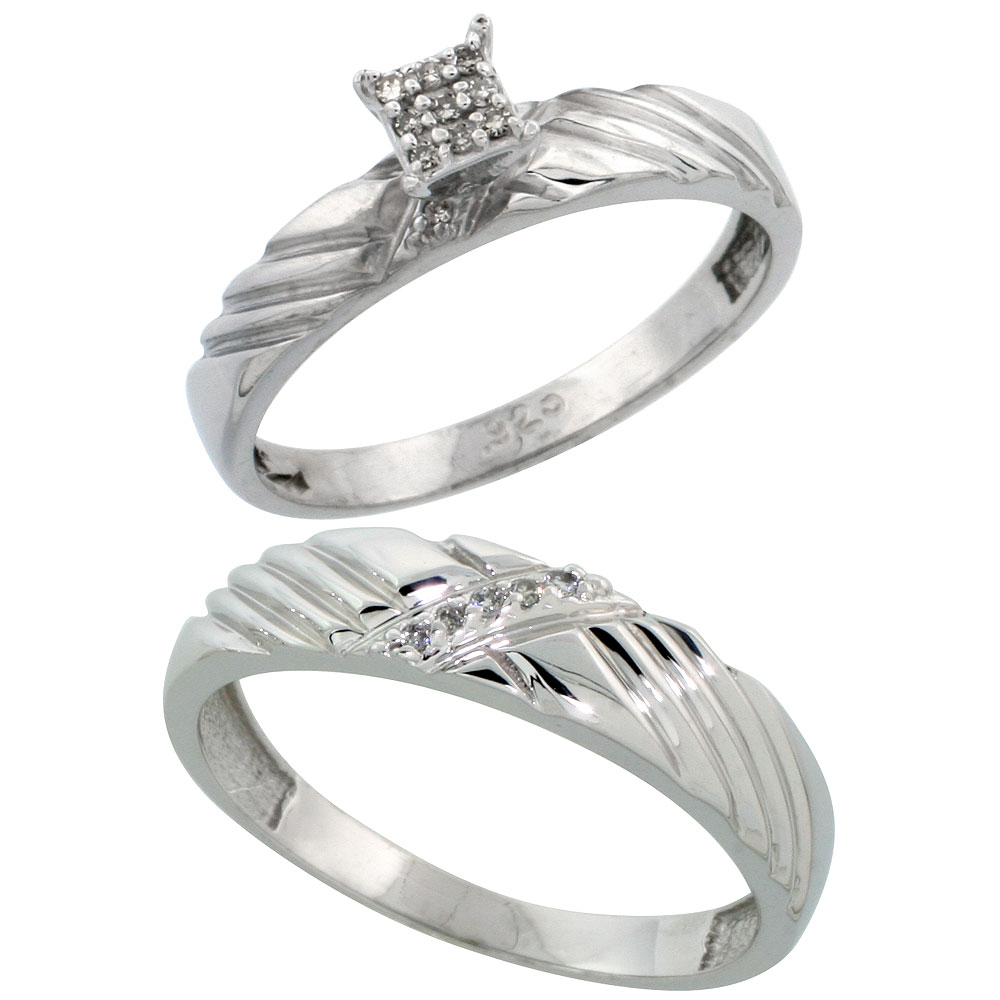 Sterling Silver 2-Piece Diamond wedding Engagement Ring Set for Him and Her Rhodium finish, 3.5mm & 5mm wide