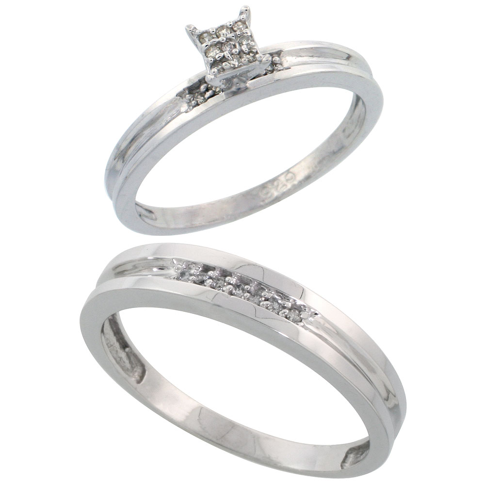 Sterling Silver 2-Piece Diamond wedding Engagement Ring Set for Him and Her Rhodium finish, 3.5mm & 4mm wide