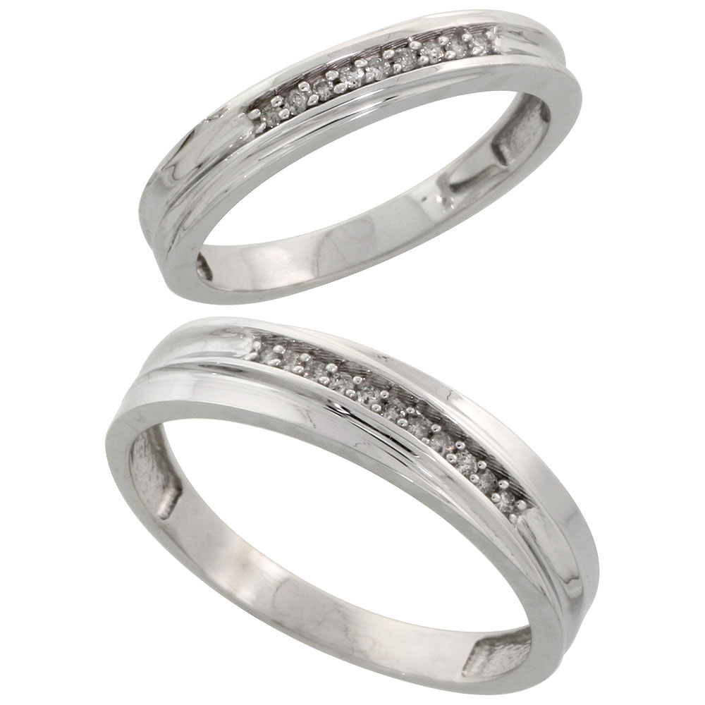 Sterling Silver Diamond 2 Piece Wedding Ring Set His 5mm & Hers 3.5mm Rhodium finish, Men's Size 8 to 14