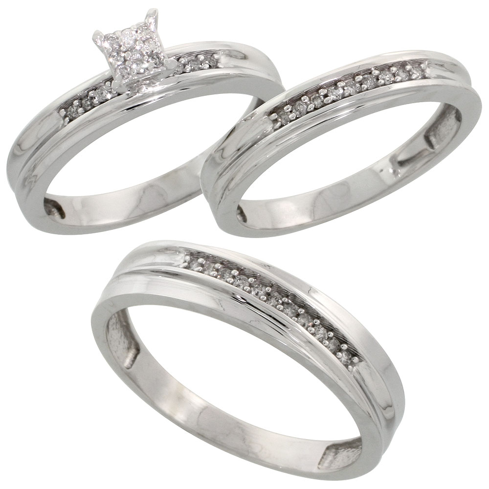 Sterling Silver Diamond Trio Wedding Ring Set His 5mm & Hers 3.5mm Rhodium finish, Men's Size 8 to 14