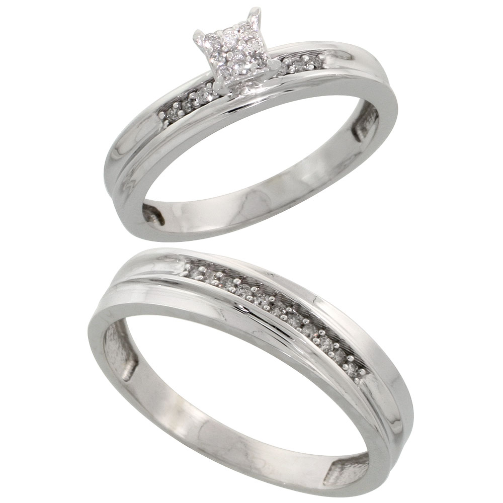 Sterling Silver 2-Piece Diamond wedding Engagement Ring Set for Him and Her Rhodium finish, 3.5mm & 4mm wide