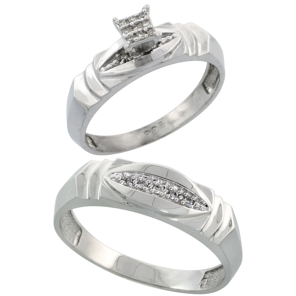 Sterling Silver 2-Piece Diamond wedding Engagement Ring Set for Him and Her Rhodium finish, 5mm & 6mm wide