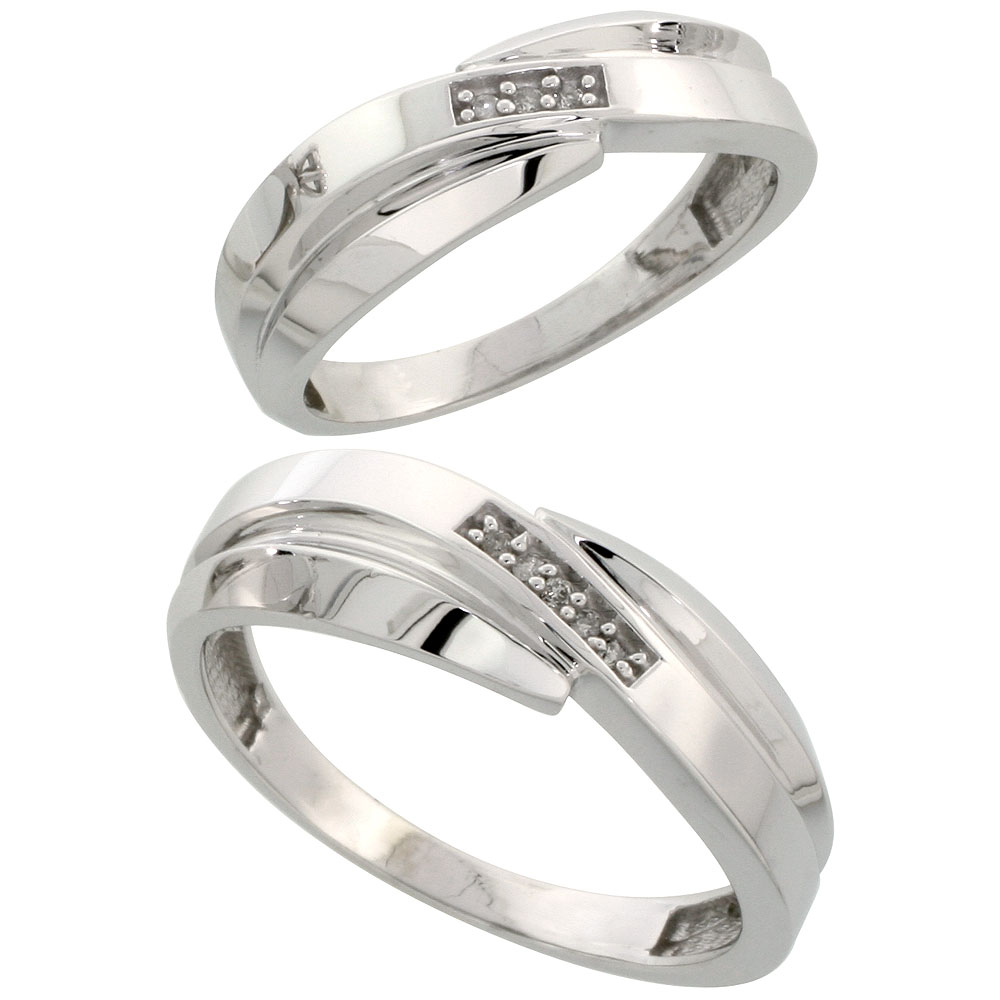 Sterling Silver Diamond 2 Piece Wedding Ring Set His 7mm & Hers 6mm Rhodium finish, Men's Size 8 to 14