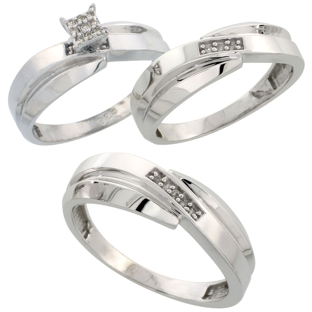 Sterling Silver Diamond Trio Wedding Ring Set His 7mm & Hers 6mm Rhodium finish, Men's Size 8 to 14
