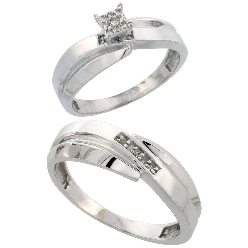 Sterling Silver 2-Piece Diamond wedding Engagement Ring Set for Him and Her Rhodium finish, 6mm & 7mm wide