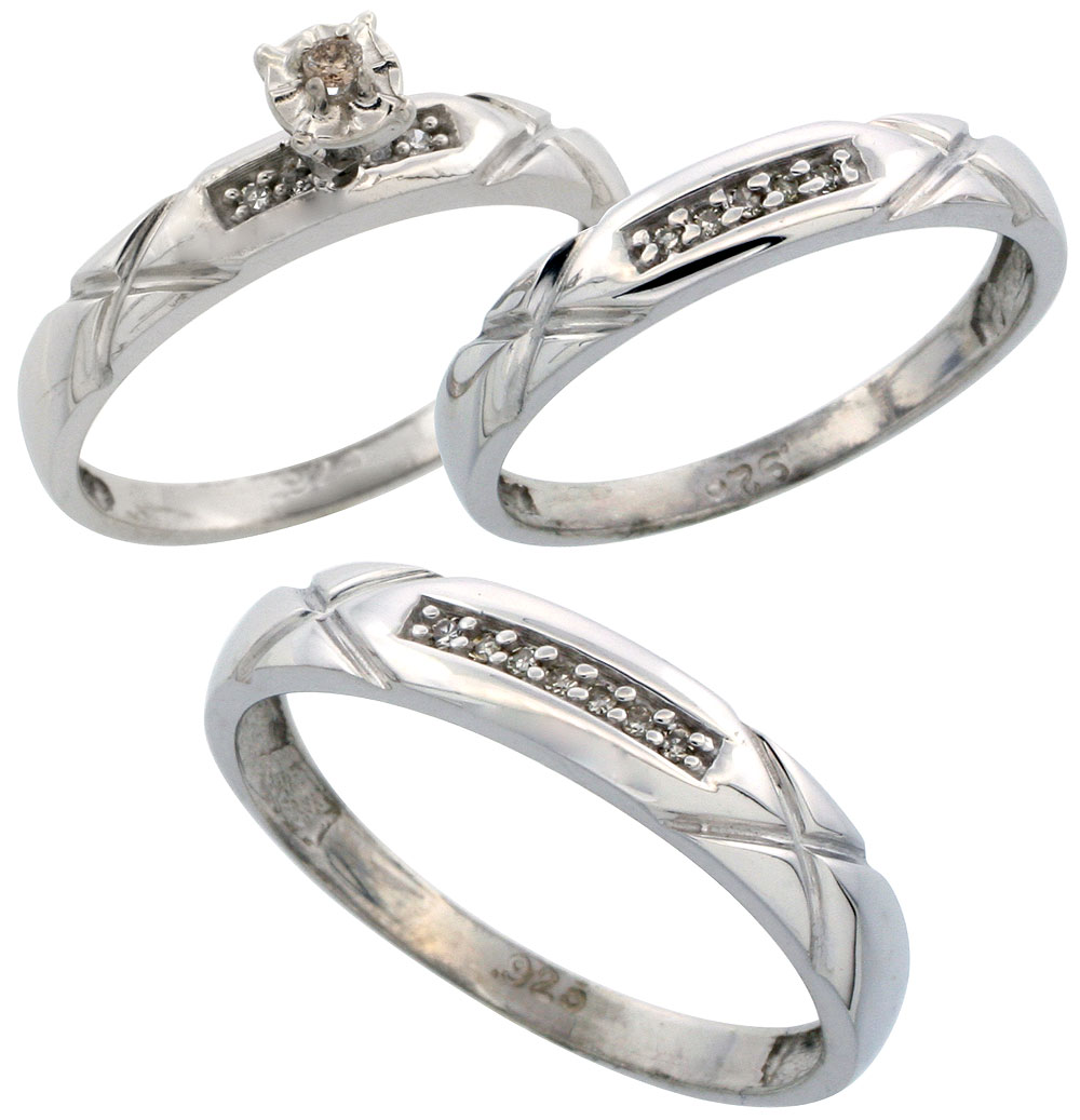 Sterling Silver 3-Piece Trio His (4mm) & Hers (3.5mm) Diamond Wedding Band Set, w/ 0.13 Carat Brilliant Cut Diamonds; (Ladies Size 5 to10; Men's Size 8 to 14)