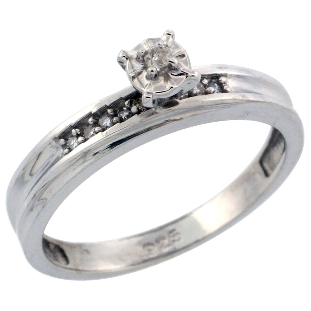 Sterling Silver Diamond Engagement Ring, w/ 0.05 Carat Brilliant Cut Diamonds, 1/8 in. (3mm) wide
