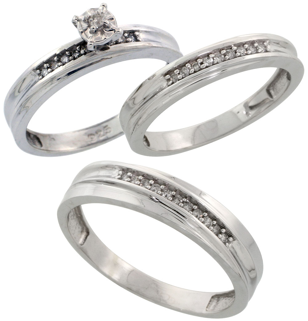 Sterling Silver 3-Piece Trio His (5mm) & Hers (3mm) Diamond Wedding Band Set, w/ 0.11 Carat Brilliant Cut Diamonds; (Ladies Size 5 to10; Men's Size 8 to 14)