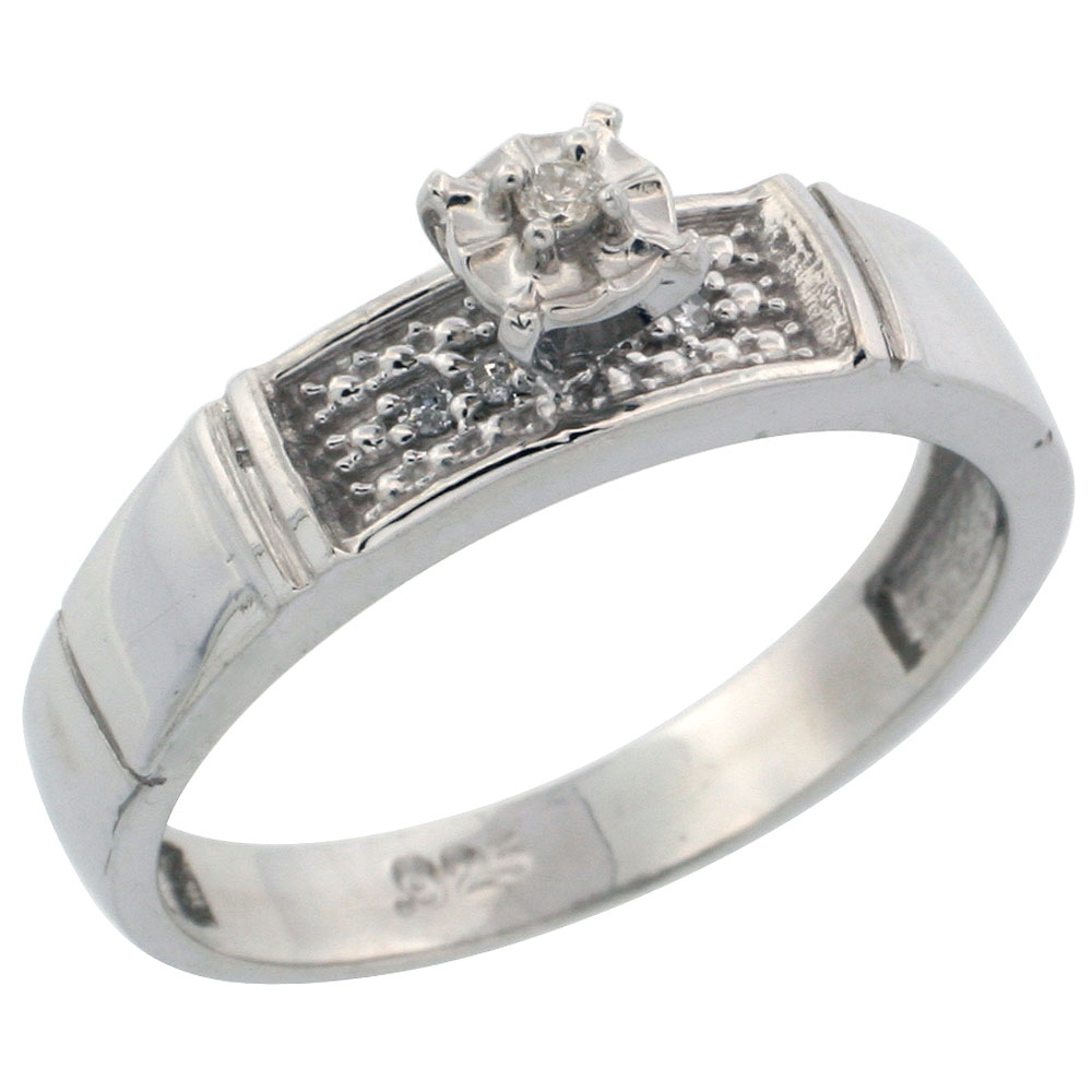 Sterling Silver Diamond Engagement Ring, w/ 0.07 Carat Brilliant Cut Diamonds, 3/16 in. (4.5mm) wide