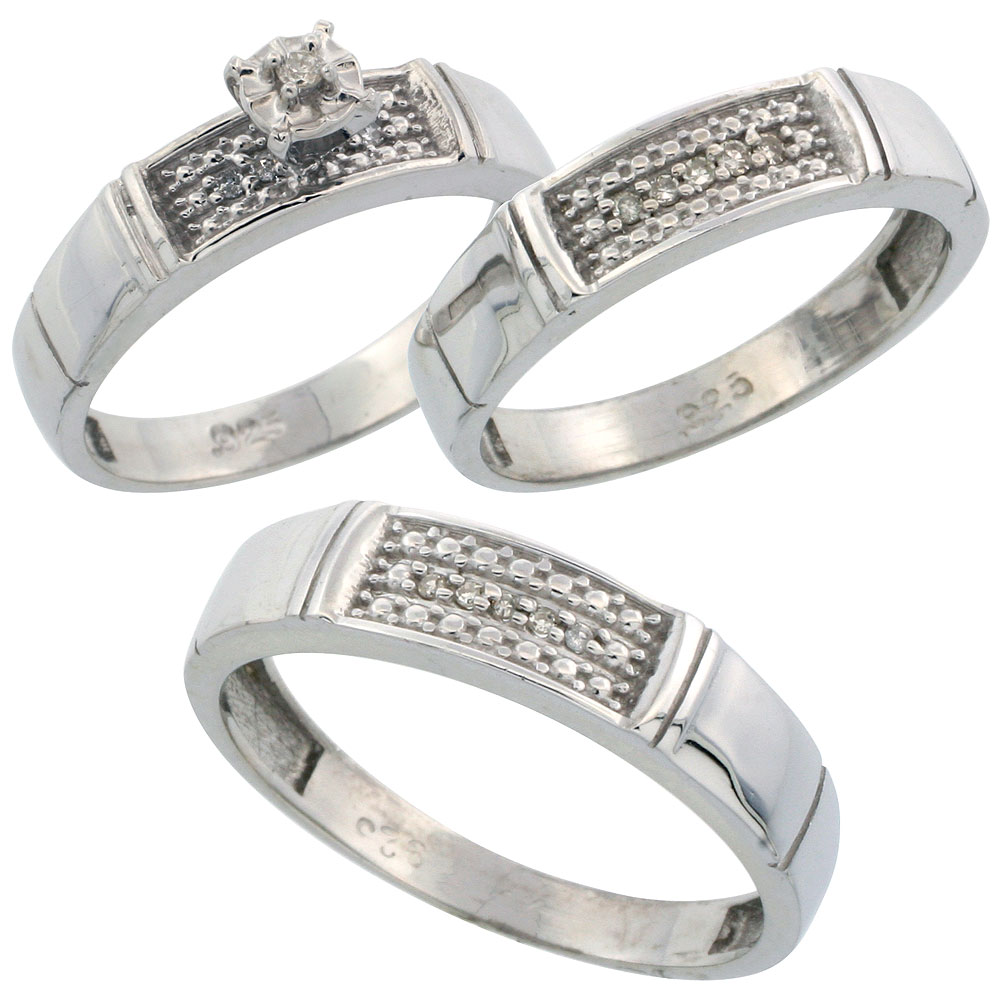 Sterling Silver 3-Piece Trio His (5mm) & Hers (4.5mm) Diamond Wedding Band Set, w/ 0.13 Carat Brilliant Cut Diamonds; (Ladies Size 5 to10; Men's Size 8 to 14)