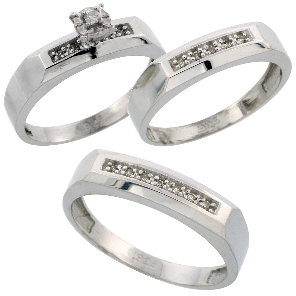Sterling Silver 3-Piece Trio His (5mm) & Hers (4.5mm) Diamond Wedding Band Set, w/ 0.14 Carat Brilliant Cut Diamonds; (Ladies Size 5 to10; Men's Size 8 to 14)