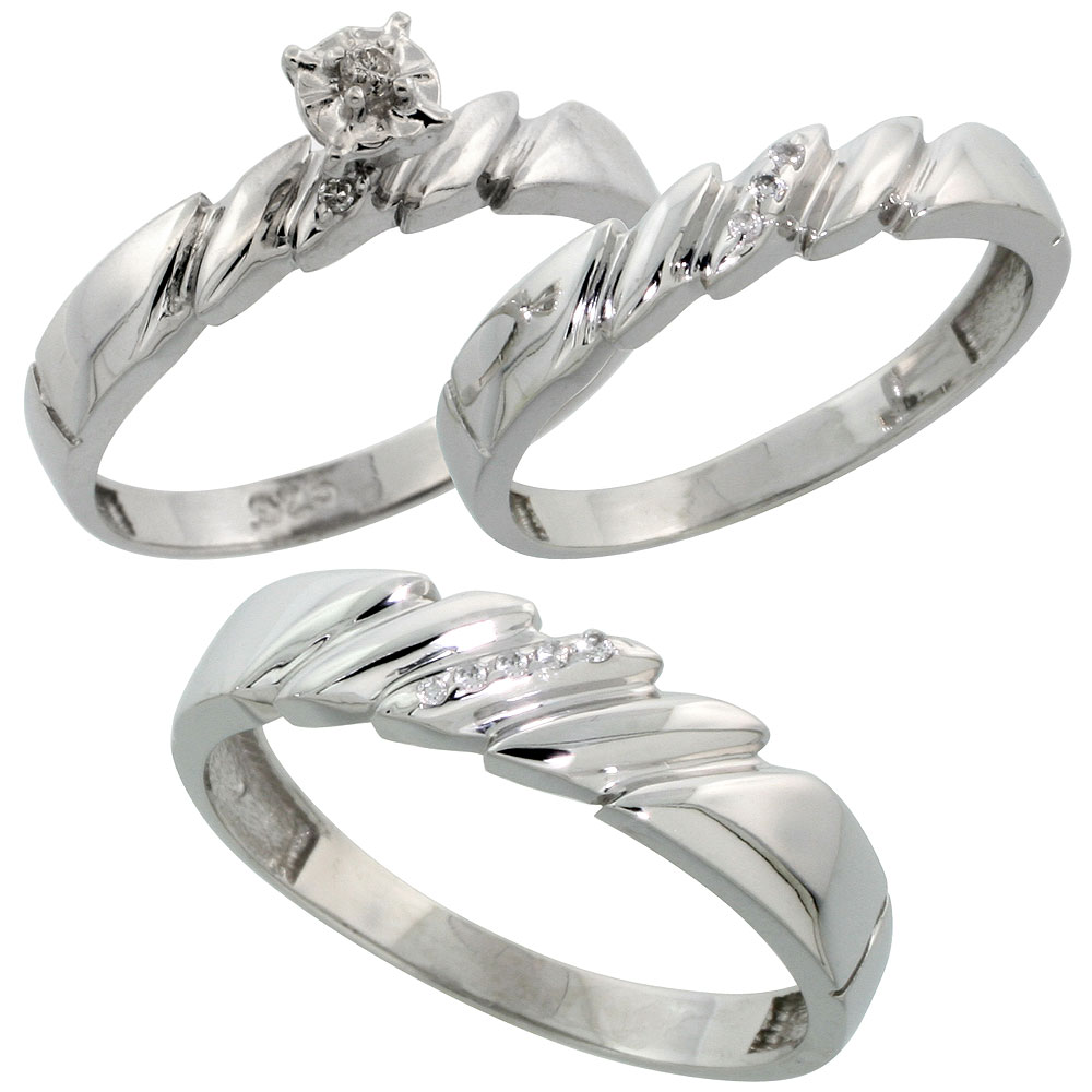 Sterling Silver 0.10 ct Genuine Diamond Trio His & Hers Wedding Band Ring Set