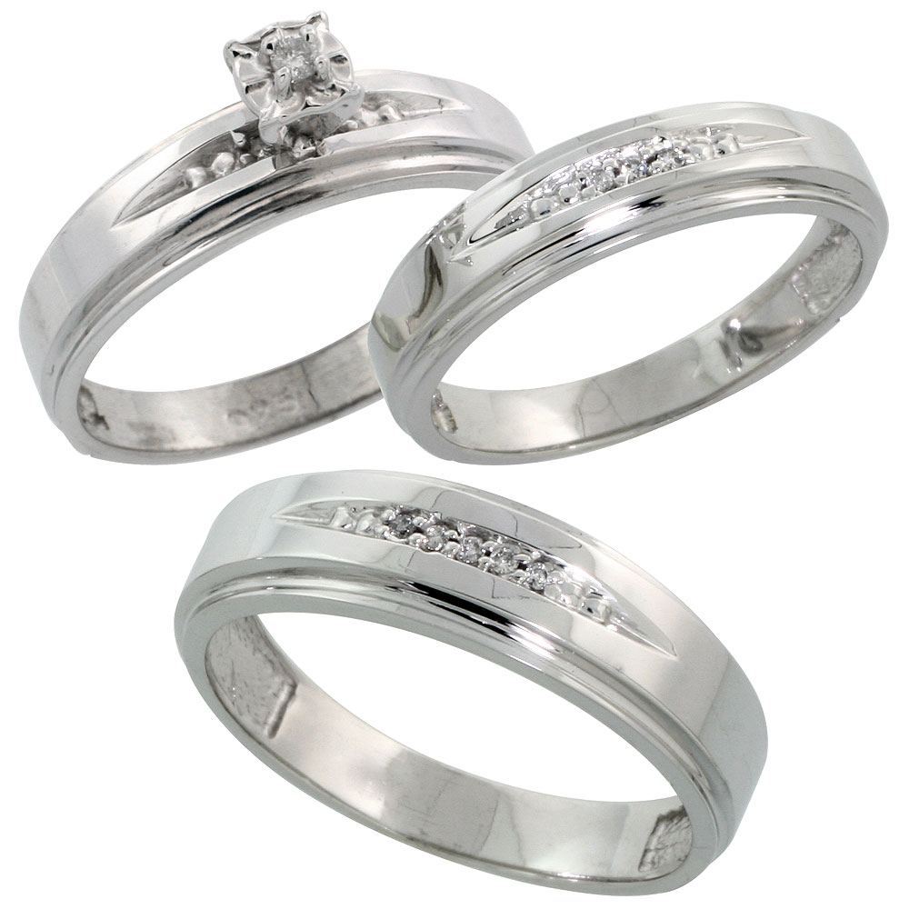 Sterling Silver 3-Piece Trio His (6mm) & Hers (5mm) Diamond Wedding Band Set, w/ 0.11 Carat Brilliant Cut Diamonds; (Ladies Size 5 to10; Men's Size 8 to 14)