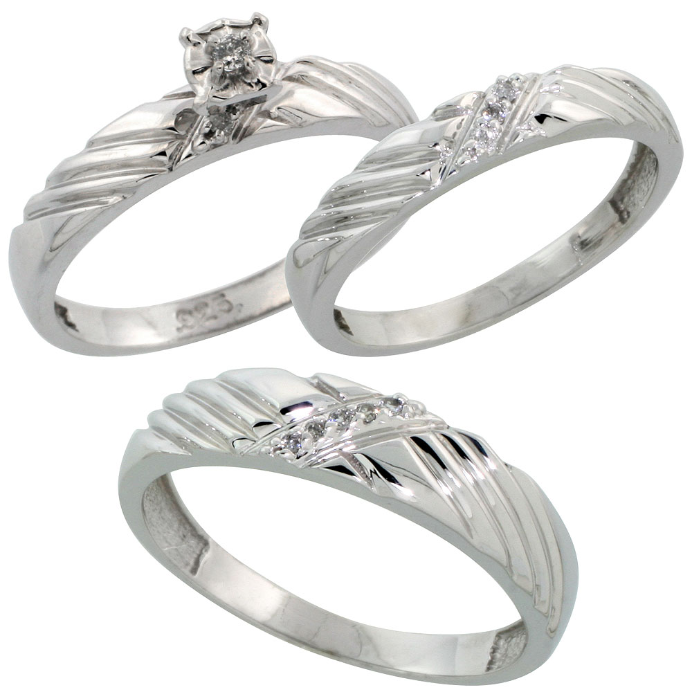 Sterling Silver 3-Piece Trio His (5mm) & Hers (3.5mm) Diamond Wedding Band Set, w/ 0.11 Carat Brilliant Cut Diamonds; (Ladies Size 5 to10; Men's Size 8 to 14)