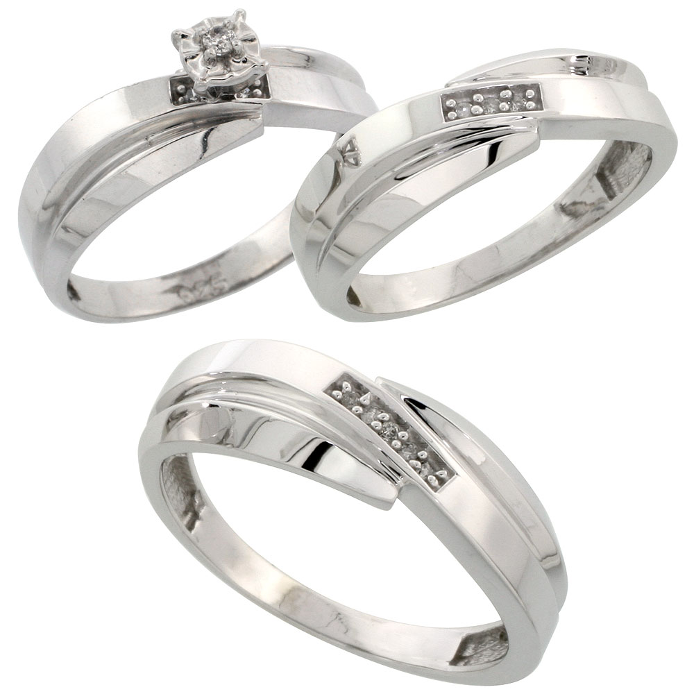 Sterling Silver 3-Piece Trio His (7mm) & Hers (6mm) Diamond Wedding Band Set, w/ 0.10 Carat Brilliant Cut Diamonds; (Ladies Size 5 to10; Men's Size 8 to 14)