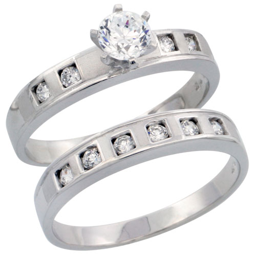 Sterling Silver 2-Piece Engagement Ring Set CZ Stones Rhodium finish 5/32 in. 4 mm, sizes 5 - 10