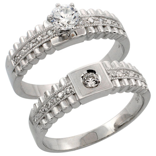 Sterling Silver 2-Piece Engagement Ring Set CZ Stones Rhodium finish, 1/4 in. 6 mm, sizes 5 - 10