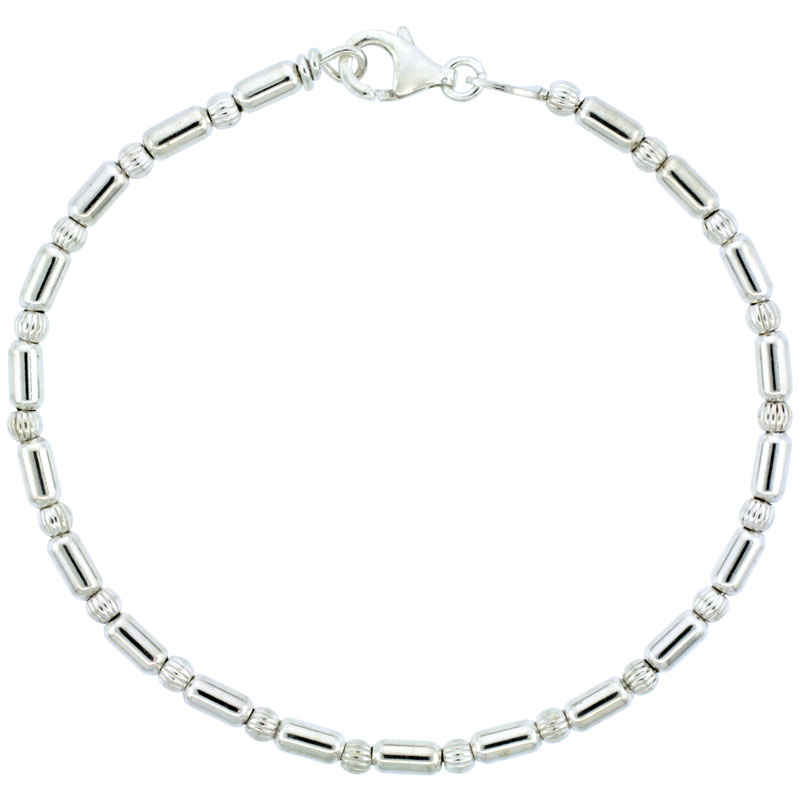 Sterling Silver Corrugated & Elongated Bead Bracelet (Available in 7 in. & 8 in.), 1/8 in. (3 mm) wide