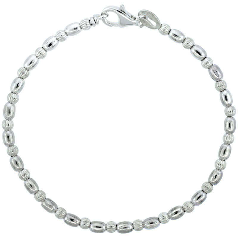 Sterling Silver Corrugated & Oval Bead Bracelet (Available in 7 in. & 8 in.), 1/8 in. (3 mm) wide
