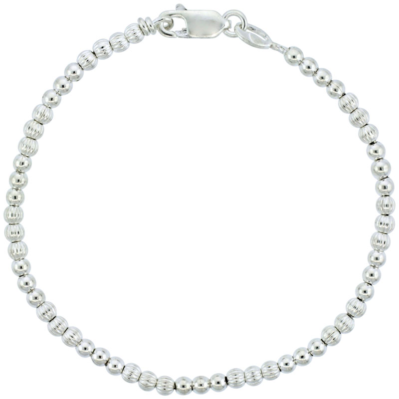 Sterling Silver Polished & Corrugated Bead Bracelet (Available in 7 in. & 8 in.), 1/8 in. (3 mm) wide