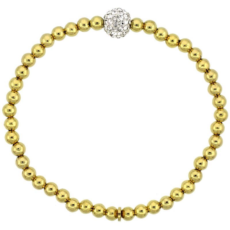Sterling Silver Stretch Bead Bracelet Swarovski Clear Crystal Disco Ball Yellow Gold Finish, 5/32 inch wide