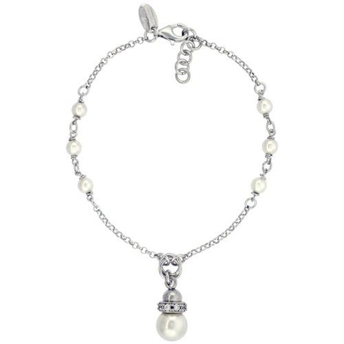 Sterling Silver Swarovski Pearl Charm Bracelet Cubic Zirconia Accents, 7 inches long