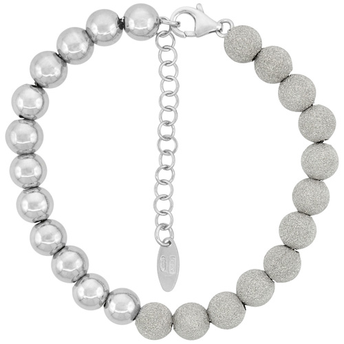 Sterling Silver Bead Bracelet Dual Finish Stardust and Polished, 7 inches long
