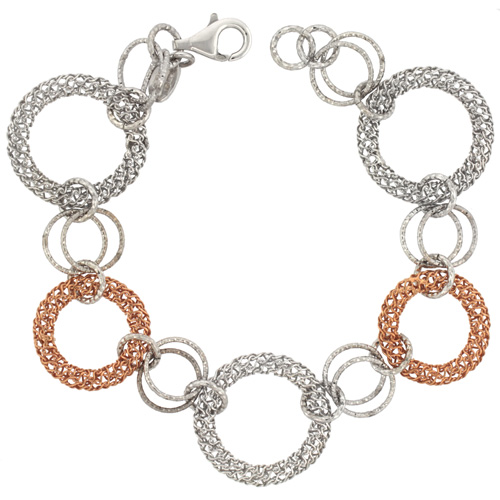 Sterling Silver Italian Round Filigree Wire Mandala Linked Bracelets Diamond Cut Rose Gold Finish, 1 inch (23 mm) wide